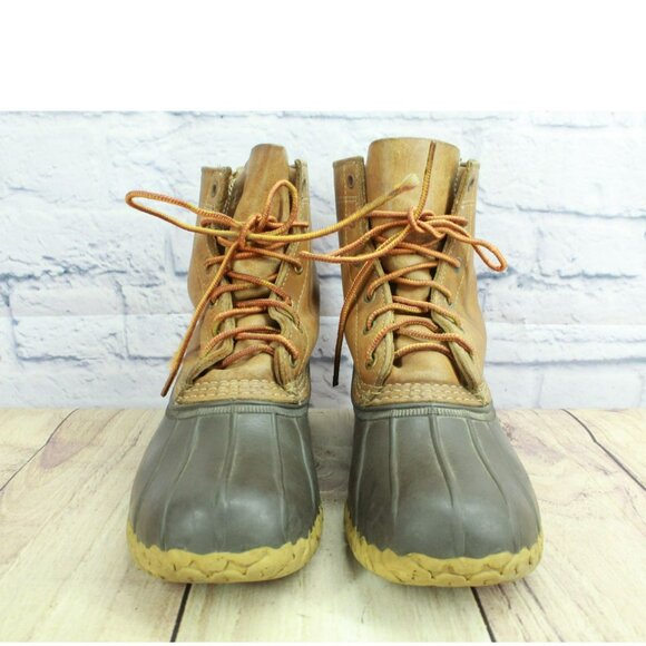 LL Bean Brown Leather Lace Up Round Toe Unlined Ankle Duck Boots Size 9 M - Picture 4 of 9